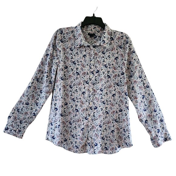 Ann Taylor Button-Up Shirt Women Sz L White Floral Roll Tab Sleeve Collar Cotton - Picture 1 of 8